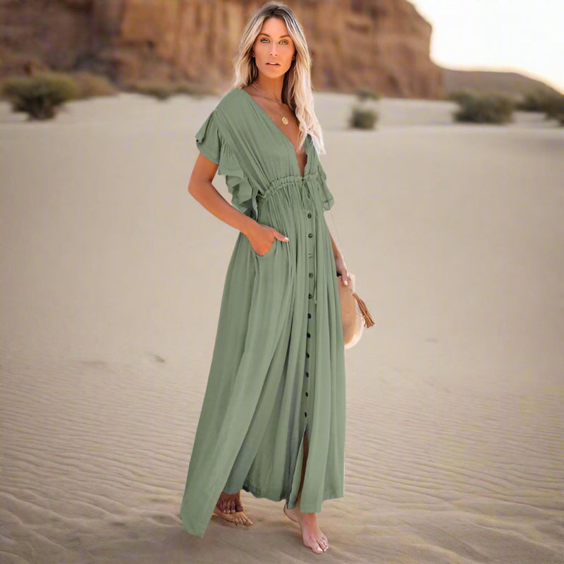 Boho Beach Hut Cover-Ups, Dress, maxi dress, white dress, short sleeve dress, v neck dress, plus size dress Boho Casual Summer Beach Cover Up Dress Green / One Size
