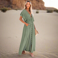 Boho Beach Hut Cover-Ups, Dress, maxi dress, white dress, short sleeve dress, v neck dress, plus size dress Boho Casual Summer Beach Cover Up Dress Green / One Size