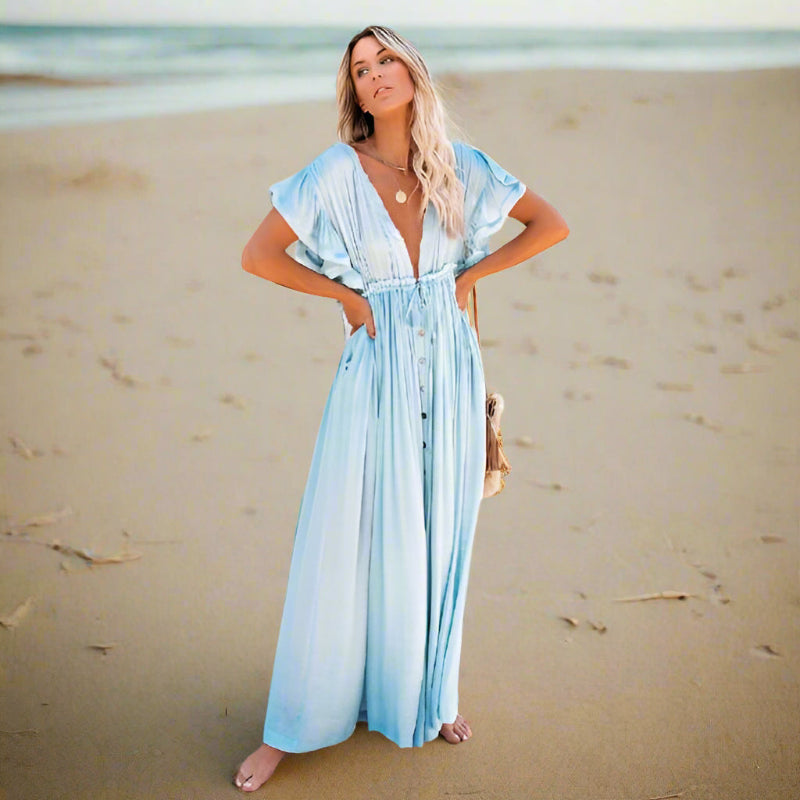 Boho Beach Hut Cover-Ups, Dress, maxi dress, white dress, short sleeve dress, v neck dress, plus size dress Boho Casual Summer Beach Cover Up Dress Light Blue / One Size