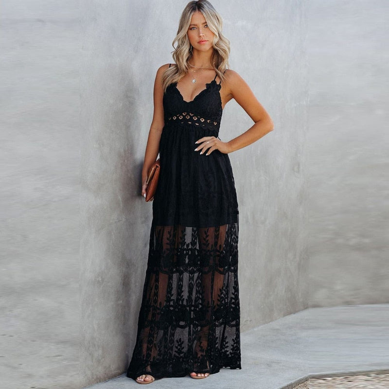 Spaghetti Strap Lace Boho Maxi Dress – Sleeveless A-Line Pullover
