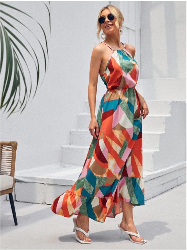 Boho Beach Hut Dresses, Maxi Dress,, Long Dress, Summer Dress, Church Dress, Long Dress, Beach Dress, Beach Dress, Boho Dress Colorful Boho Summer Halter Maxi Dress Red / M