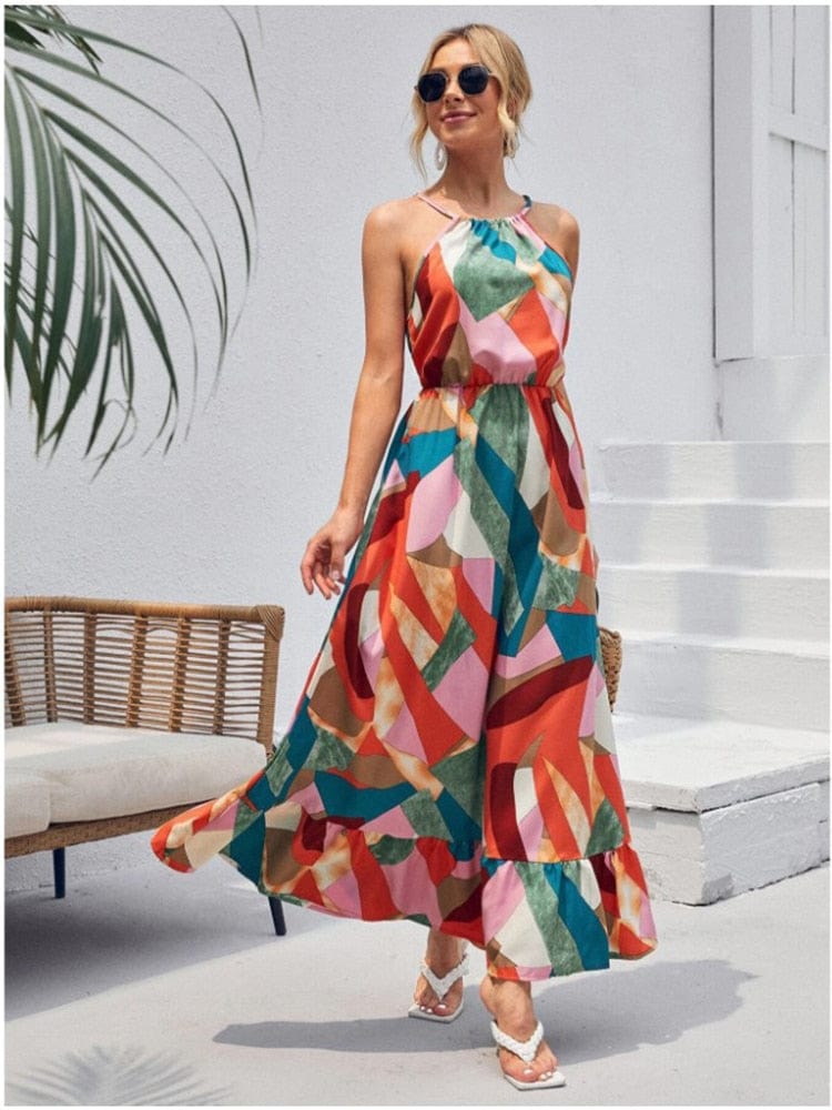 Boho Beach Hut Dresses, Maxi Dress,, Long Dress, Summer Dress, Church Dress, Long Dress, Beach Dress, Beach Dress, Boho Dress Colorful Boho Summer Halter Maxi Dress Red / S