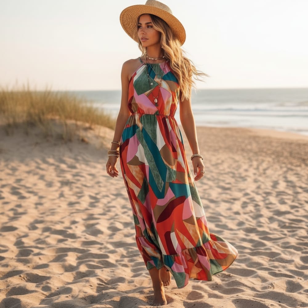 Colorful Boho Summer Halter Maxi Dress Red / S Colorful Boho Summer Halter Maxi Dress Red / S