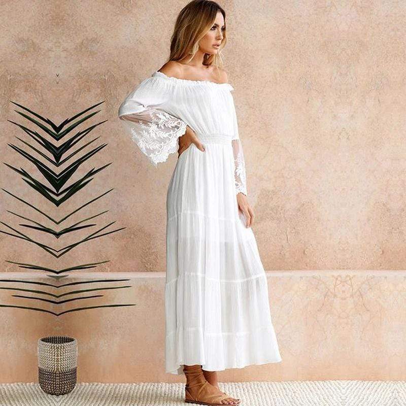 Boho Lace Beach Maxi Dress – White Black Ankle-Length Summer