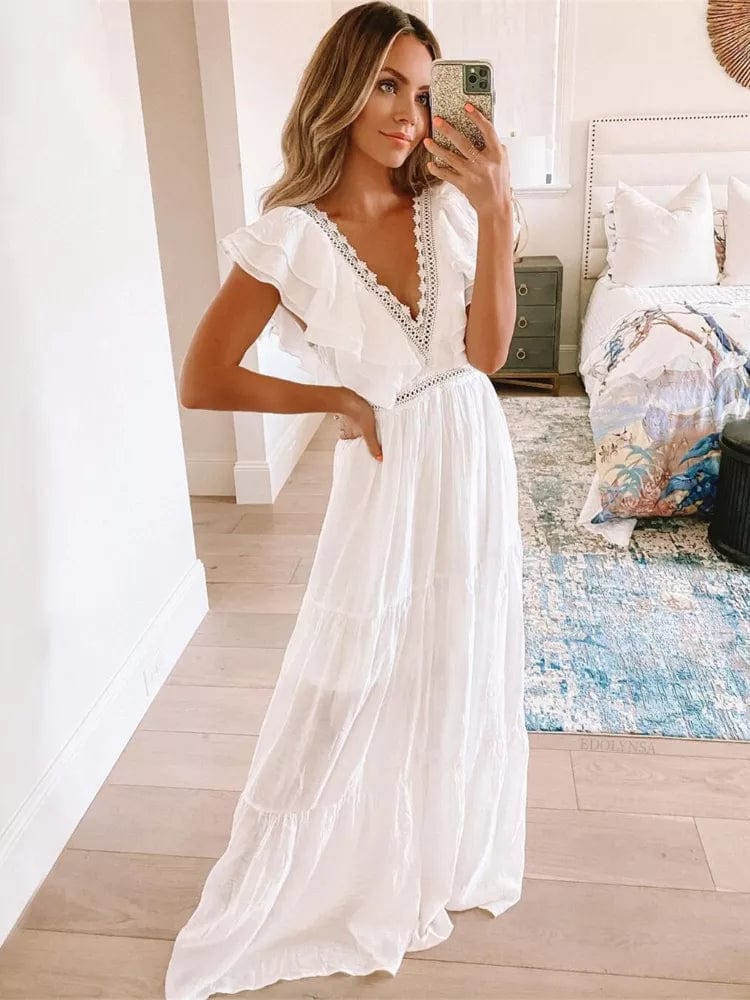 White Deep V Neck Maxi Dress Beach Wedding Dress Boho Beach Hut