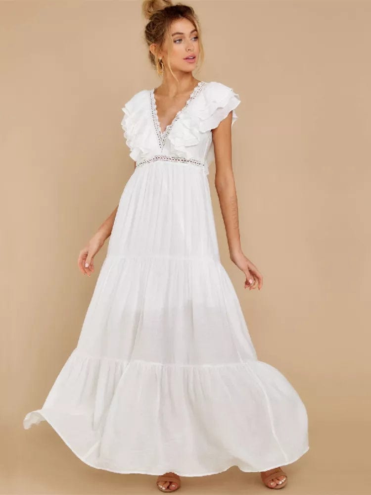 Sexy White Deep V Neck Ruffle Maxi Dress