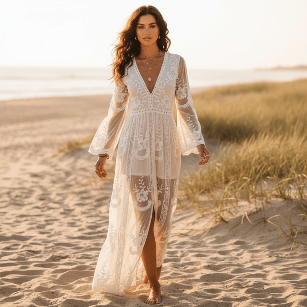 White Boho Lace Maxi Dress Deep V-Neck A-Line Dress with Slit in White | Women's Boho Fashion | M | Synthetic, Polyester, Linen White Boho Lace Maxi Dress Deep V-Neck A-Line Dress with Slit in White | Women's Boho Fashion | M | Synthetic, Polyester, Linen