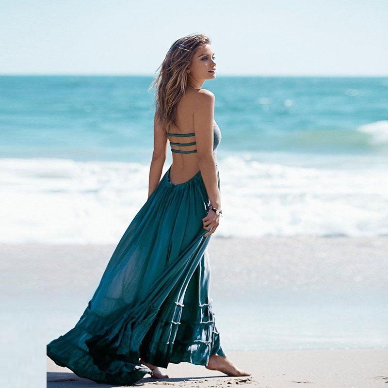 Hippie Backless Halter Maxi Dress – Boho Cascading Ruffle Gown