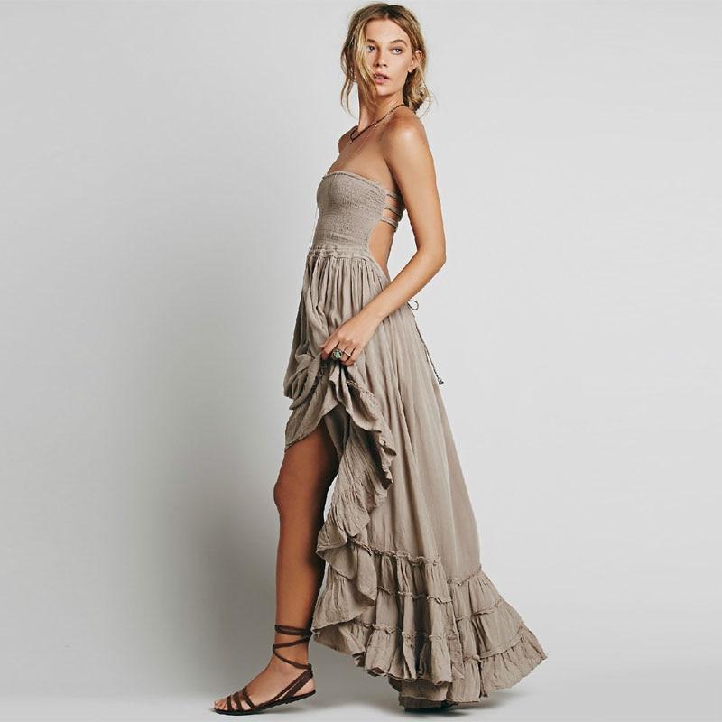 Hippie Backless Halter Maxi Dress – Boho Cascading Ruffle Gown