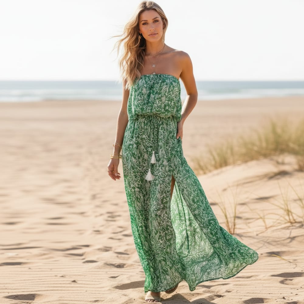 fitted lace wedding dress Strapless Print Boho Maxi Dress Green / S fitted lace wedding dress Strapless Print Boho Maxi Dress Green / S