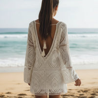 Boho Beach Hut Dresses, Mini Dress, White Beach Dress White Lace Sexy Backless Mini Dress