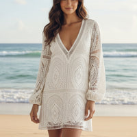 Boho Beach Hut Dresses, Mini Dress, White Beach Dress White / S White Lace Sexy Backless Mini Dress