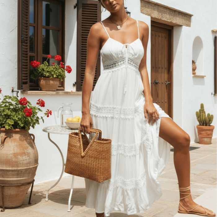 Boho Beach Hut Dresses, white dress, maxi dress, summer dress, spaghetti strap dress, white boho dress Spaghetti Strap White Long Summer Dress White / S