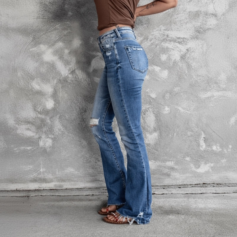 Boho Beach Hut Jeans, Pants, Denim Jeans, Boyfriend Jeans, Distressed Jeans High Waist Ripped Flare Leg Denim Jeans