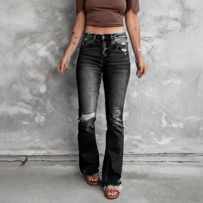 Boho Beach Hut Jeans, Pants, Denim Jeans, Boyfriend Jeans, Distressed Jeans Black / S High Waist Ripped Flare Leg Denim Jeans