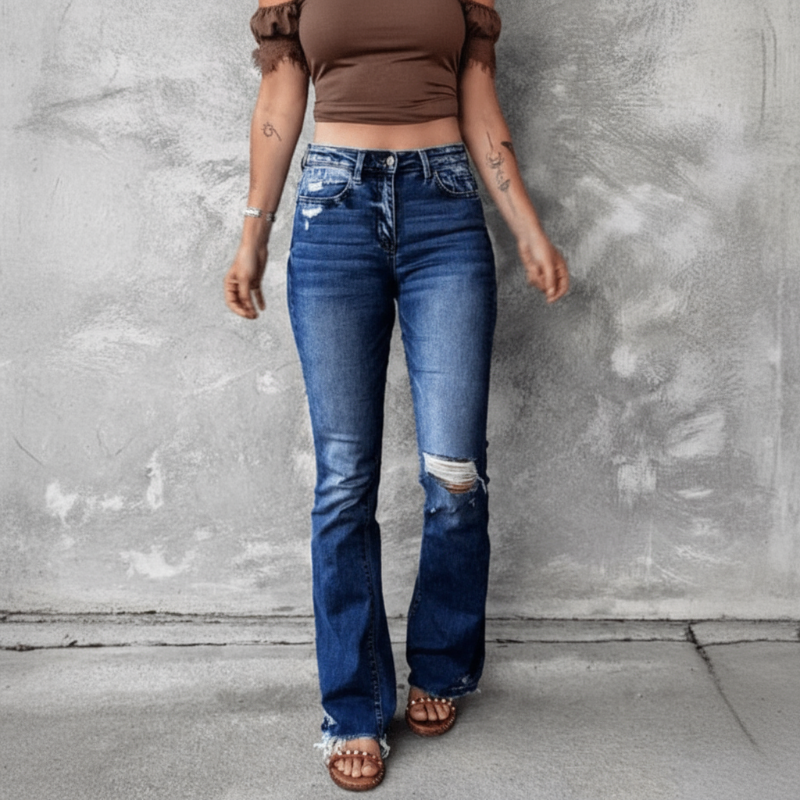 Boho Beach Hut Jeans, Pants, Denim Jeans, Boyfriend Jeans, Distressed Jeans Dark Blue / S High Waist Ripped Flare Leg Denim Jeans