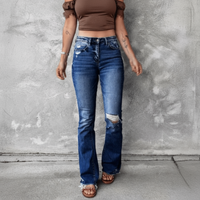 Boho Beach Hut Jeans, Pants, Denim Jeans, Boyfriend Jeans, Distressed Jeans Dark Blue / S High Waist Ripped Flare Leg Denim Jeans