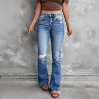Boho Beach Hut Jeans, Pants, Denim Jeans, Boyfriend Jeans, Distressed Jeans Light Blue / S High Waist Ripped Flare Leg Denim Jeans