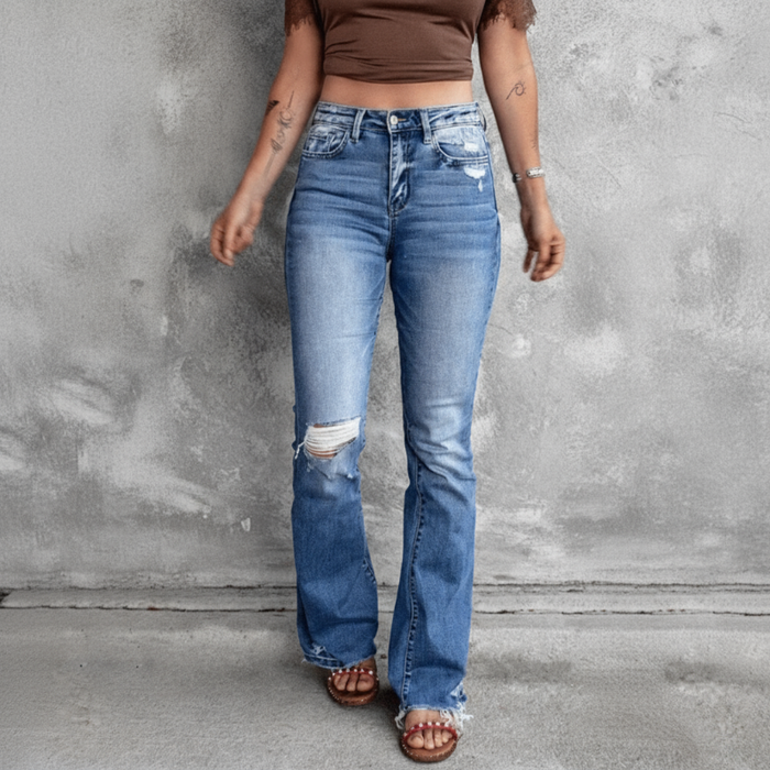 Boho Beach Hut Jeans, Pants, Denim Jeans, Boyfriend Jeans, Distressed Jeans Light Blue / S High Waist Ripped Flare Leg Denim Jeans