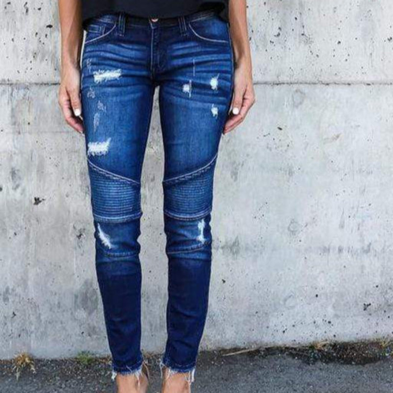 Boho Beach Hut Jeans, Pants, Denim Jeans, Skinny Jeans, Distressed Jeans Skinny Ripped Pleated Stretch Denim Jeans Blue Denim / S