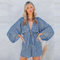 Boho Beach Hut Jumpsuits, Romper, Playsuit V-Neck Wide Leg Romper Blue / S