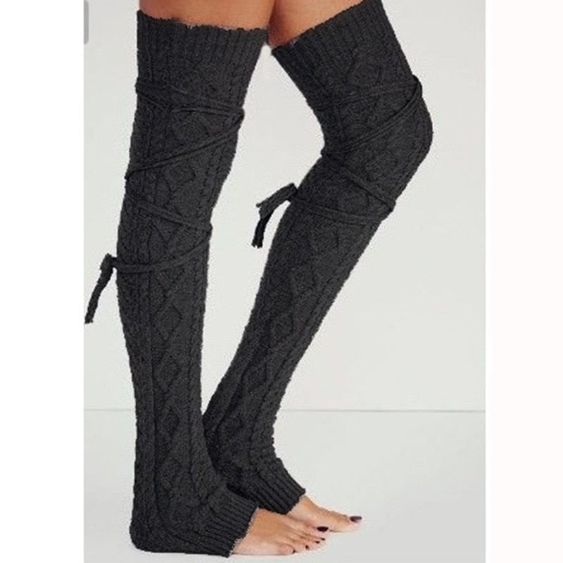 Boho Beach Hut Leg Warmers, Socks Long Knit Leg Warmers Black / One Size