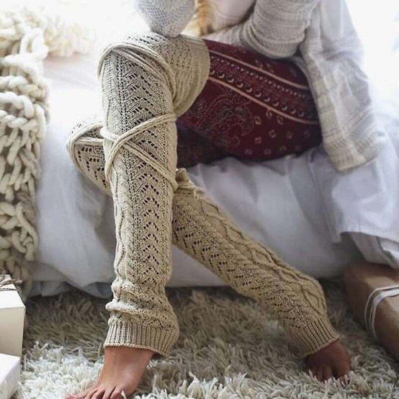 Boho Long Knit Leg Warmers – Tie-Up Twist Design Cozy Fall