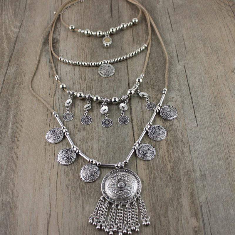 Boho Silver Feather Pendant Necklace – Layered Multi Chain Choker