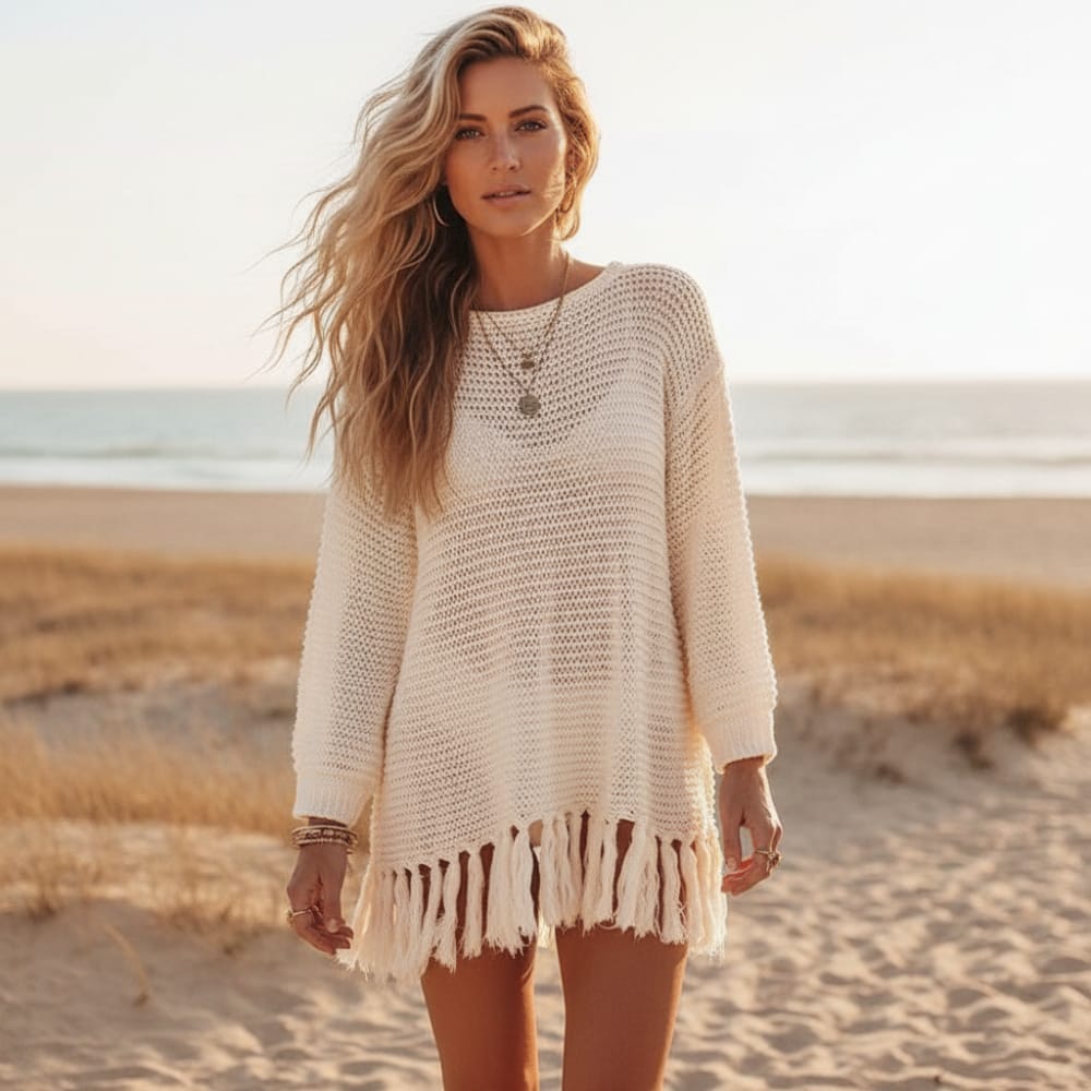 Boho Crochet Knit Beach Cover Up Hollow Out Tassel Mini Dress in Beige | Women's Boho Fashion | One Size | Polyester, Cotton Boho Crochet Knit Beach Cover Up Hollow Out Tassel Mini Dress in Beige | Women's Boho Fashion | One Size | Polyester, Cotton