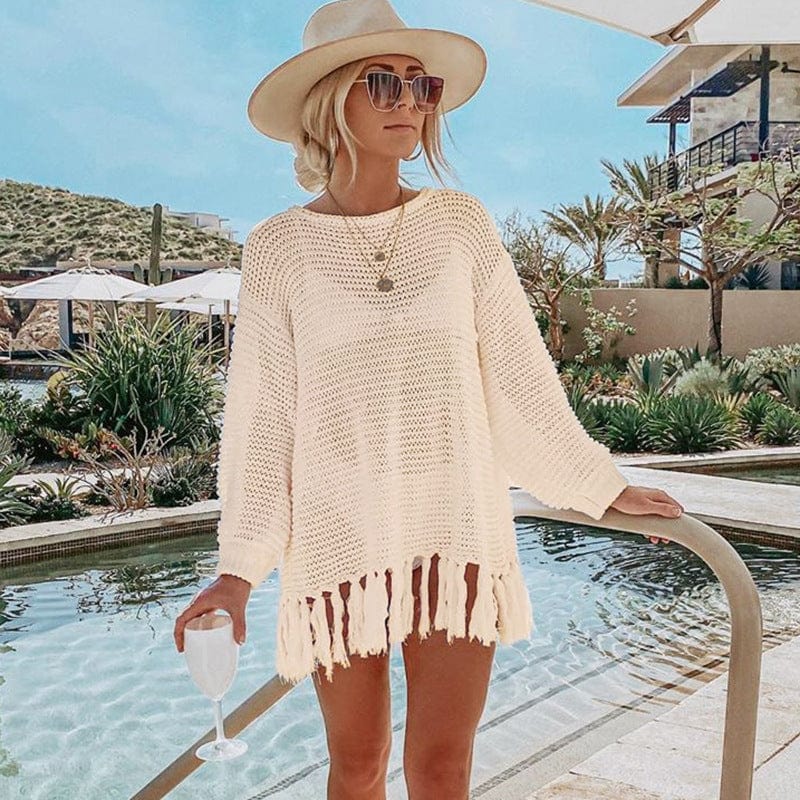 Boho Crochet Knit Tassel Beach Cover Up – Mini Length, Hollow Out