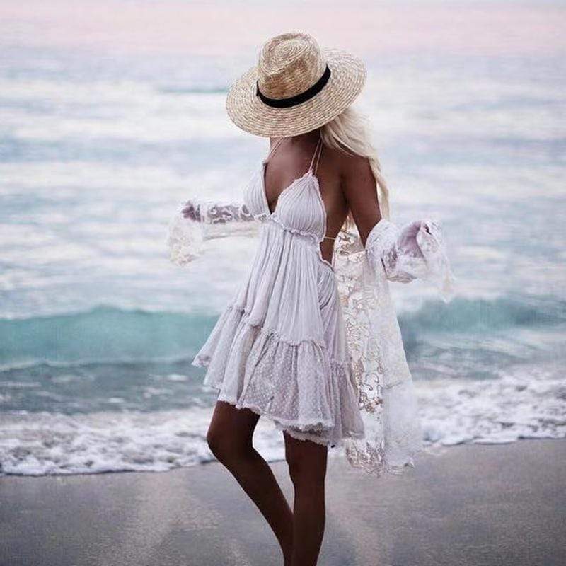 Boho Mini Dress - Sleeveless Lace Halter Dress – Boho Beach Hut