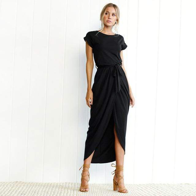 Boho Beach Hut Plus Size dress, Chic Dress, Summer Dress, Maxi Dress, casual dress, church dress, black dress, blue dress, navy dress, green dress, gray dress, short sleeve dress, tie around waist dress, maxi dress Split Long Maxi Dress Black / XS