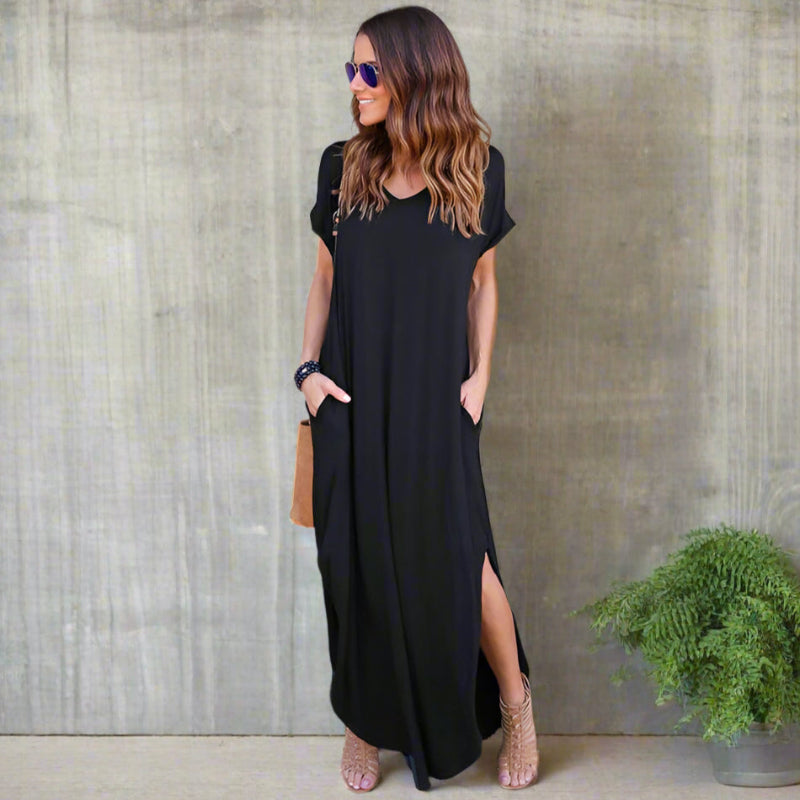 Casual Boho T-Shirt Maxi Dress – V-Neck Side Slit Summer Dress