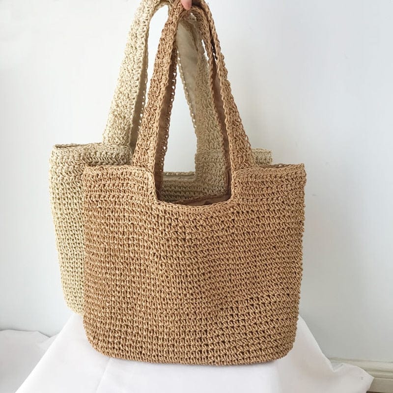 Boho Woven Beach Tote Bag – Natural Straw Summer Shoulder Bag
