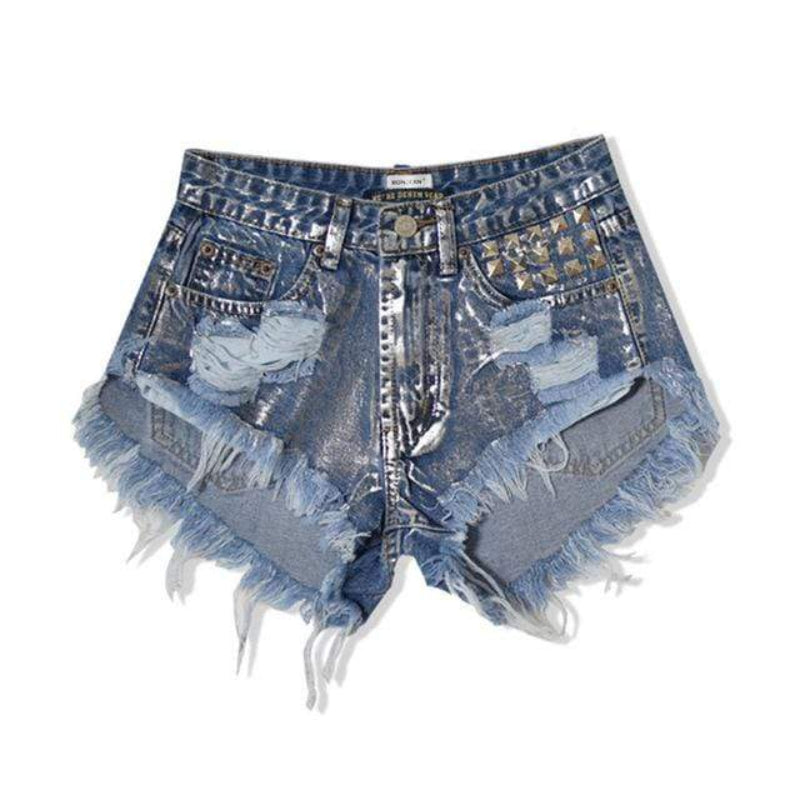 Boho Beach Hut Shorts, Daisy Dukes, Low Rise Shorts Boyfriend Style Denim Shorts with Rivets Denim / XS
