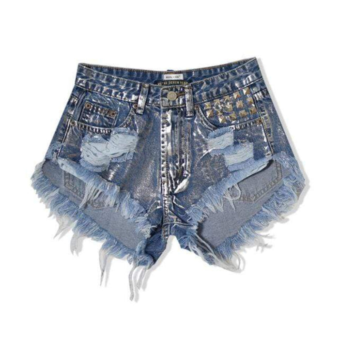 Boho Beach Hut Shorts, Daisy Dukes, Low Rise Shorts Boyfriend Style Denim Shorts with Rivets Denim / XS