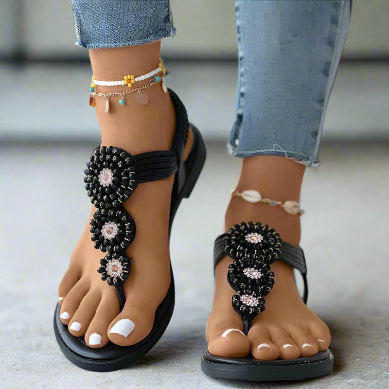 Boho Beach Hut Women's Footwear, flip flops, summer sandals, sandals, flat shoes, beach shoes Black / 5 Bohemian Flat Sandals