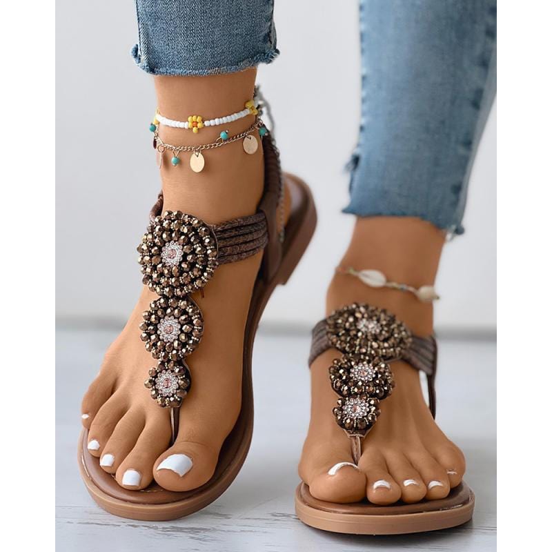 Women Shoes Flats Shoes Women Sandals Comfort With Elastic Ankle Strap  Casual Bohemian Beach Shoes Slip On Rhinestone Sandals Women Flats Open Toe