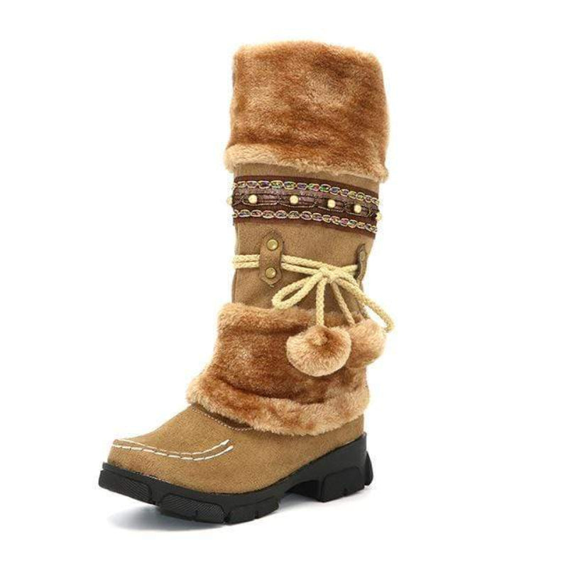 Boho Beach Hut Women's Footwear, ugg boots, mid calf boots, winter boots, fur boots, colorful boots, black boots, brown boots, pink boots, beige boots Mid-Calf Thick Fur Boots- 4 Colors Brown / 4