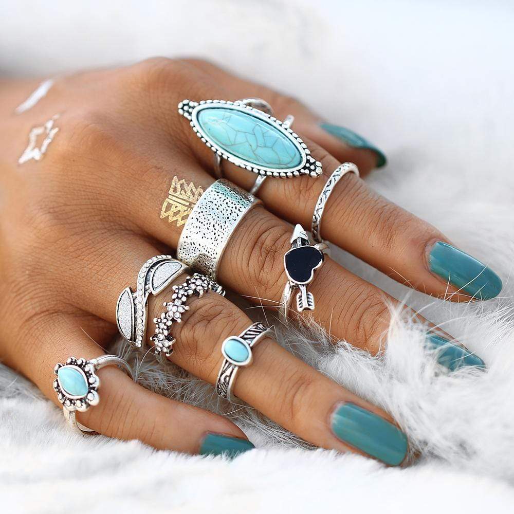 Vintage Turquoise Silver Ring Set Boho Beach Hut