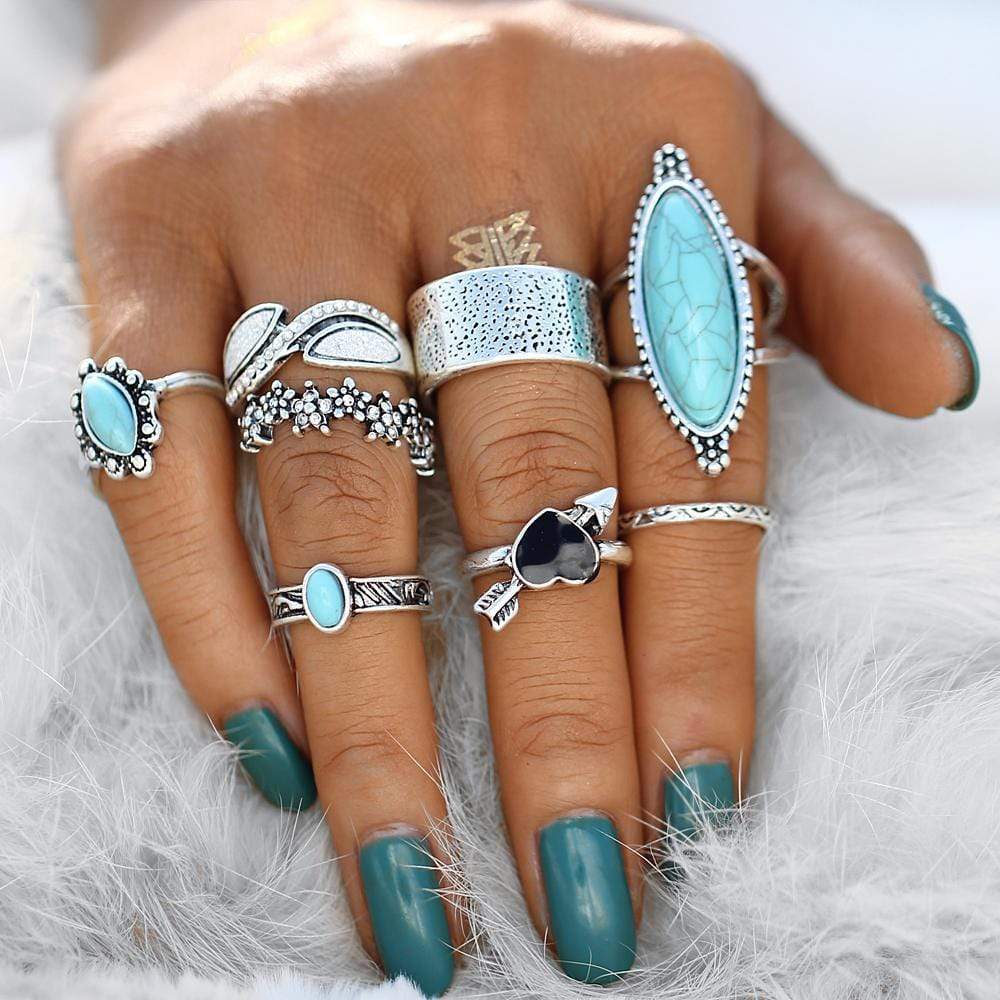 Vintage Turquoise Silver Ring Set Boho Beach Hut