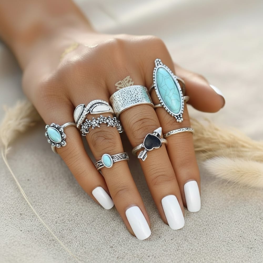 Vintage Turquoise & Silver Ring Set – Boho Beach Hut