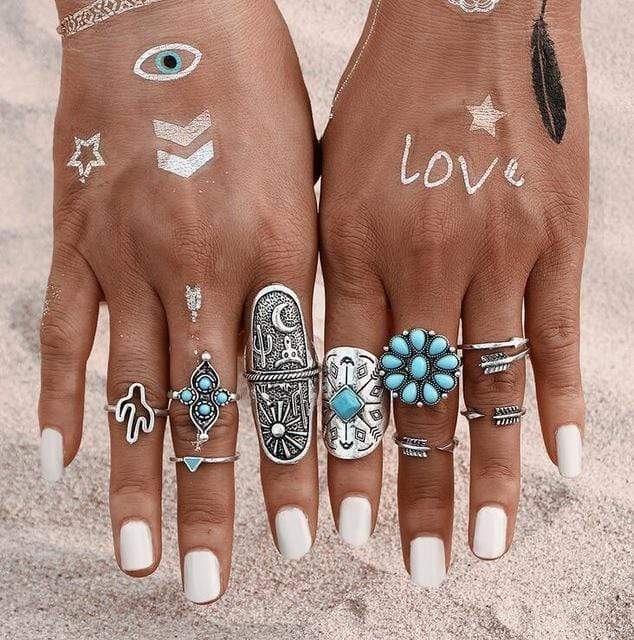 Boho Vintage Style Ring Set Turquoise Silver Boho Beach Hut
