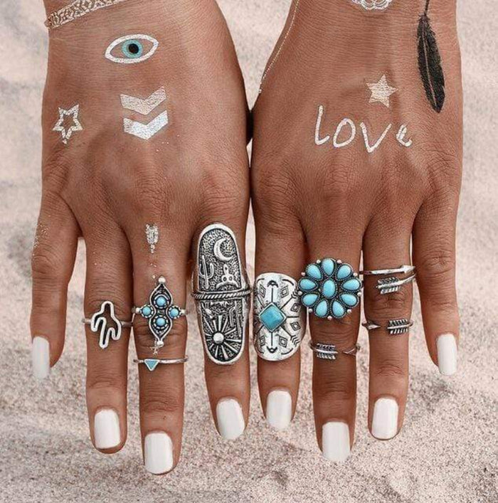 Boho Beach Hut Women's Rings Boho Vintage Style Ring Set Turquoise / 5-8.5