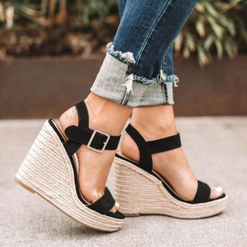 Platform Wedge Heel Black Wedge Slingback Sandals Boho Style