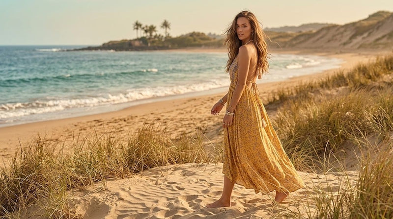 Woman wearing a yellow boho midi dress with layered bohemian accessories.