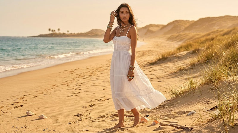 Woman embracing modern boho fashion with relaxed clothing and timeless bohemian style.