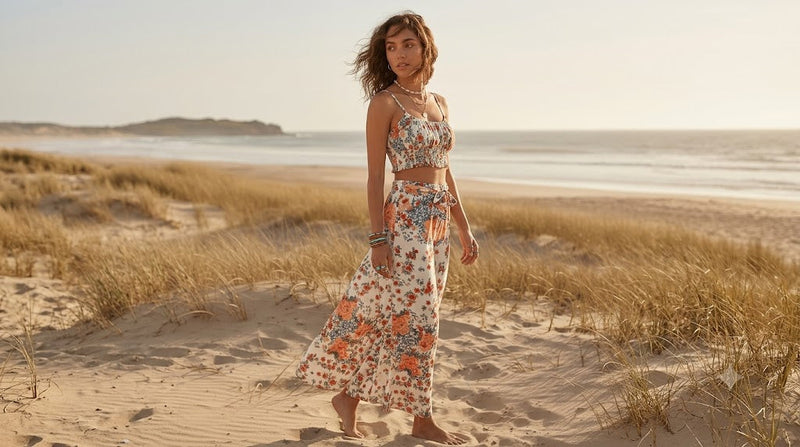 Women’s boho matching set featuring a coordinated floral top and wide leg pants styled for beach vacations, brunch, and casual summer outfits.