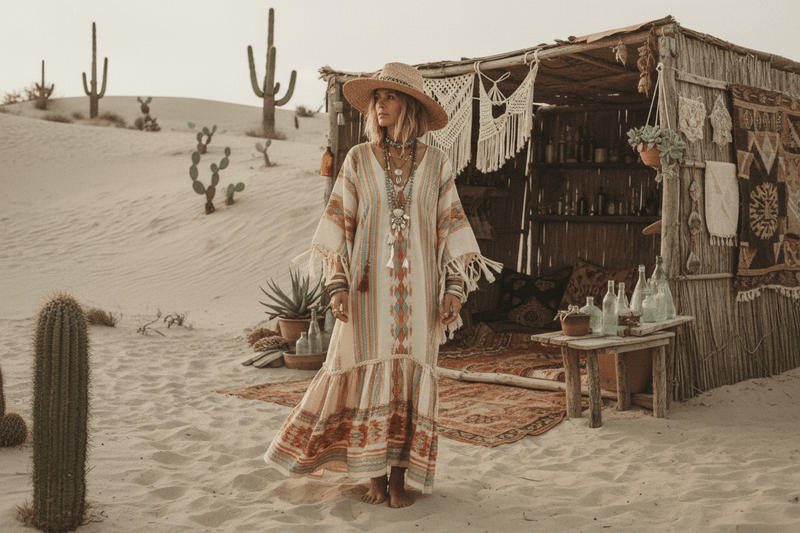 Woman wearing Boho Beach Hut bohemian style clothing.
