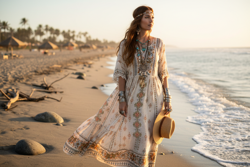 Beautiful woman standing on beach wearing a flowy boho dress and vintage jewelry